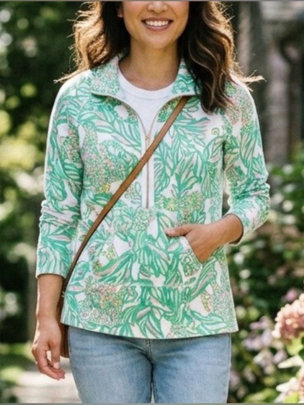 Lilly Pulitzer Green Floral Half-Zip Pop Over